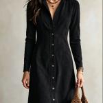 New Autumn Womens Solid-Color Faux Suede Buttoned Slim-Fit Long Dress