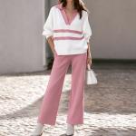 Womens Casual Color-Block Striped Top And Pants Set