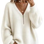 Half-zip V-neck Chunky-knit Sweater Relaxed-fit Knit Top