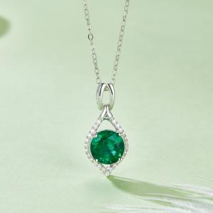 S925 Silver 2.7g Platinum Plated 2.3ct Lab-Created Emerald Necklace, 8mm Halo Pendant, 40&5cm