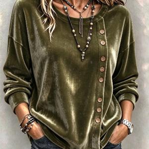 Solid-color Velvet Long-sleeve Top With Slanted Wooden Buttons Asymmetrical Round Neckline