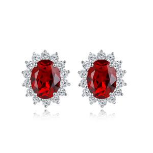S925 Silver 3.1g Lab-Created Ruby Sapphire Emerald Paraiba Earrings, 8x6mm Halo, 4 Colors
