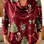 Autumn Christmas Tree Bow Print Turtleneck Printed Long-Sleeve Womens Top