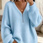 Half-zip V-neck Chunky-knit Sweater Relaxed-fit Knit Top