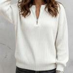 Women's Solid-color Zip-up Long-sleeve Casual Loose-fit Crew-neck Top