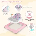Pink Foldable Baby Walker with Detachable Tray & Shape Sorter Toys, 3-Level Height Adjustable for 6-12 Months