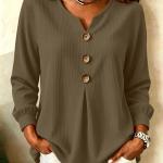Loose-fit V-neck Button-down Solid-color Casual Top For Fallwinter