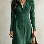 New Autumn Womens Solid-Color Faux Suede Buttoned Slim-Fit Long Dress