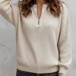 Women's Solid-color Zip-up Long-sleeve Casual Loose-fit Crew-neck Top