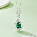 S925 Silver 4.6g Platinum Plated 3.5ct Lab-Created Emerald Necklace, 11x7mm Teardrop Halo Pendant, 40&5cm