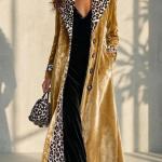 Retro Leopard-print Color-block Lapel Single-breasted Long-sleeve Trench Coat