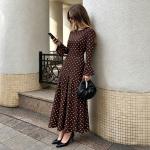 Women's Autumn New Style Waist-Cinching Bell-Sleeve Polka-Dot Dress