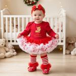 Baby Christmas Long-sleeve Cartoon Romper Dress Red Tulle One-piece Outfit Four-piece Set