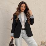 Turn-down Collar Plaid Color-blocked Loose-fit Long-sleeve Blazer