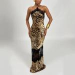 Retro Leopard-print Lace-trimmed Halter-neck Dress