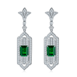 S925 Silver 11.3g Art Deco Lab-Created Emerald Drop Earrings, 3.65ct 9x7mm, Pair