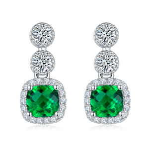 S925 Silver 2.2g Platinum Plated 0.98ct Lab-Created Emerald Drop Earrings, 5mm Halo Studs, Pair
