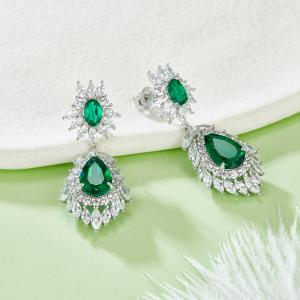 S925 Silver 8.8g 4.12ct Lab-Created Emerald Drop Earrings, 11x7mm & 6x4mm, Pair
