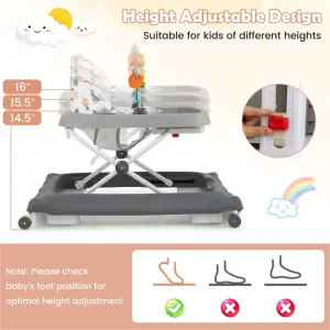 Grey Foldable Baby Walker with Detachable Tray & Shape Sorter Toys, 3-Level Height Adjustable for 6-12 Months