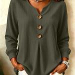 Loose-fit V-neck Button-down Solid-color Casual Top For Fallwinter