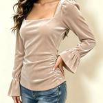 Women's Long Sleeve Casual Square Collar Bell Sleeve Gold Velvet