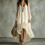 Women's Fashion Pure Color Mesh Irregular Flowy Dress