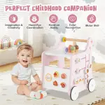 2-in-1 Baby Walker with 8 Fun Activities (Dessert Sorter/Adjustable Clock/Maze) + Side Shop Window (Role Play)-Pink