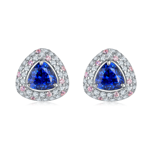 S925 Silver 3g 1.6ct Lab-Created Sapphire Earrings, 6mm Trillion Cut Halo, Pair