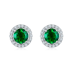 S925 Silver 2.6g Lab-Created Emerald Halo Stud Earrings, 1ct 5mm, Pair
