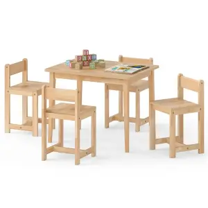 Kids Wooden Table And Chairs Set (1 Table + 4 Chairs), Rubber Wood Toddler Activity Set (Natural)