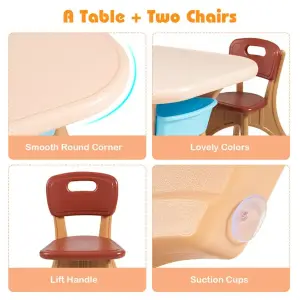 Brown Kids Table And 2 Chairs Set With 4 Storage Boxes, Toddler Activity Table For Drawing Playing Eating, Children Furniture For Indoor Outdoor