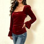 Women's Long Sleeve Casual Square Collar Bell Sleeve Gold Velvet