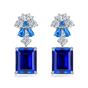 S925 Silver 6.5g 8ct Lab-Created Sapphire Drop Earrings, 10x8mm Emerald Cut, Pair