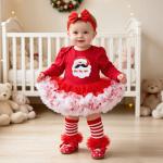 Baby Christmas Long-sleeve Cartoon Romper Dress Red Tulle One-piece Outfit Four-piece Set
