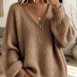Half-zip V-neck Chunky-knit Sweater Relaxed-fit Knit Top
