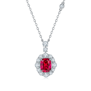 S925 Silver 5g Platinum Plated 4ct Lab-Created Ruby Necklace, 9x7mm Halo Pendant, 40&5cm