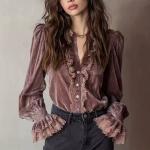 European And American Vintage Velvet Women's V-neck Blouse