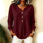 Loose-fit V-neck Button-down Solid-color Casual Top For Fallwinter