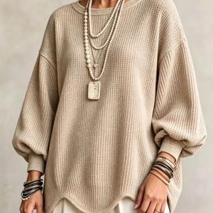 Women's Autumn Round-Neck Lantern-Sleeve Top With Irregular Wavy Hem