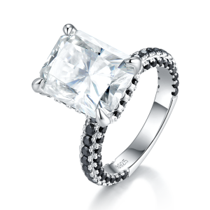 S925 Sterling Silver 8ct Moissanite Ring, 10x12mm D-VVS1 Contrast Black Pave Band, Platinum Plated US Sizes 5-9 GRA Gift Box