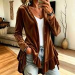 New Fallwinter Womens Hooded Solid-color Long-sleeve Loose-fit Button-front Cardigan