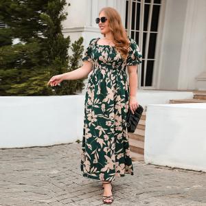 Womens Plus-Size Printed Bohemian French-Style Midi Dress