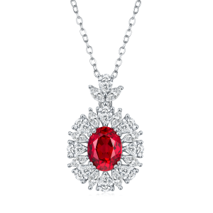 S925 Silver 4.6g Platinum Plated 2ct Lab-Created Ruby Necklace, 9x7mm Vintage Halo, 40&5cm