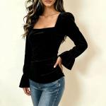 Women's Long Sleeve Casual Square Collar Bell Sleeve Gold Velvet