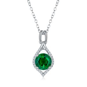 S925 Silver 2.7g Platinum Plated 2.3ct Lab-Created Emerald Necklace, 8mm Halo Pendant, 40&5cm