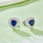 S925 Silver 3g 1.6ct Lab-Created Sapphire Earrings, 6mm Trillion Cut Halo, Pair