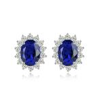 S925 Silver 3.1g Lab-Created Ruby Sapphire Emerald Paraiba Earrings, 8x6mm Halo, 4 Colors