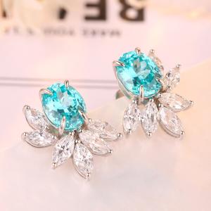 S925 Silver 7.3g Lab Created Gemstone Earrings, 10x8mm Multi-Color Flower Studs, Ruby Sapphire Emerald Paraiba