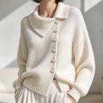 Cardigan Asymmetric Wide Collar Pearl Buckle Knitted Sweater