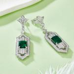 S925 Silver 11.3g Art Deco Lab-Created Emerald Drop Earrings, 3.65ct 9x7mm, Pair